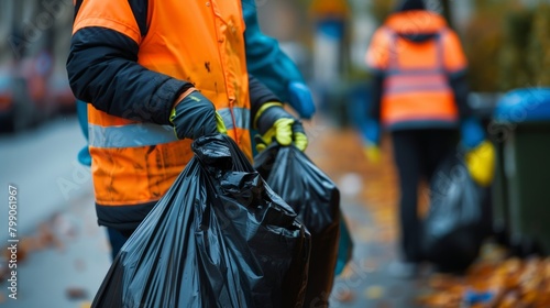 Sanitation worker in reflective vest carrying a trash bag on city street at dusk