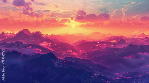 A breathtaking 3D illustration of a sunrise over a mountain range, painting the sky with hues of orange, pink, and purple ,3D style