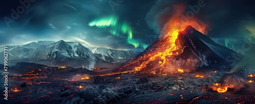 Volcan en éruption, torrent de lave, ciel noir avec aurore boréale, lumières polaires.