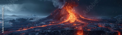 A dramatic 3D illustration of a volcanic eruption spewing lava and ash, showcasing the power and aweinspiring nature of geological events related to science, nature ,3D style