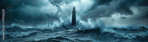 A dramatic 3D illustration of a storm at sea with crashing waves and a towering lighthouse guiding the way related to nature, adventure ,minimalist