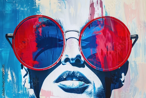 A striking pop art illustration of a face adorned with red and blue sunglasses, blending art and fashion.