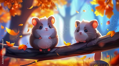Two cute cartoon guinea pigs sitting on a branch in an autumn forest