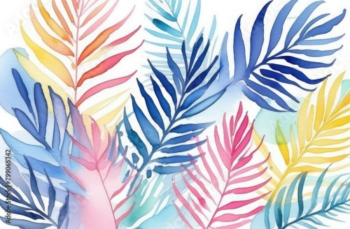 trendy summer floral pattern background, watercolor illustration, artistic wallpaper in colorful pastel colors, palm leaves. Summer colors of botanical tropical leaves, sunlight and shadows.