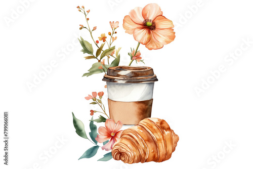 Coffee in paper cup and croissant watercolor illustration on white background. Morning, breakfast