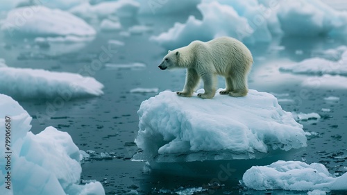 Poignant image of a lonely polar bear on a tiny iceberg, melting arctic, clear, blue, vast ocean around