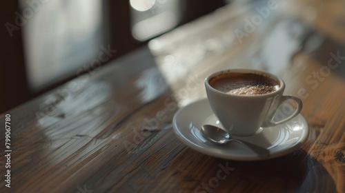 A cup of coffee on a plate with a spoon on a table exposed to morning sunlight bokeh