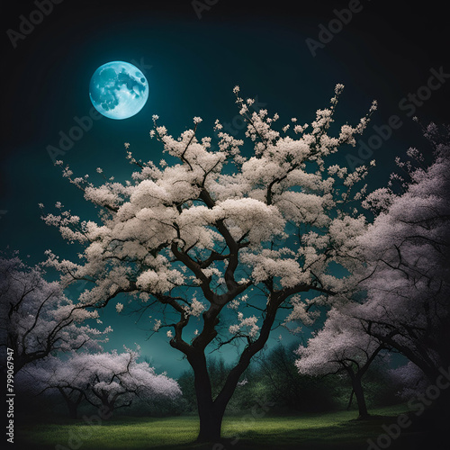 night landscape with moon and trees in bloom