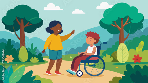 An ablebodied child helping their friend in a wheelchair navigate through the nature trail pointing out different plants and animals along the way.. Vector illustration