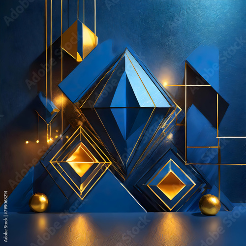 abstract background.blue geometric shapes with golden accents illuminated against a dark blue backdrop. The illustration should showcase the interplay of light and shadow, enhancing the depth and comp