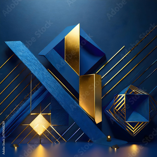 blue geometric shapes with golden accents illuminated against a dark blue backdrop. The illustration should showcase the interplay of light and shadow, enhancing the depth and complexity of the abstra