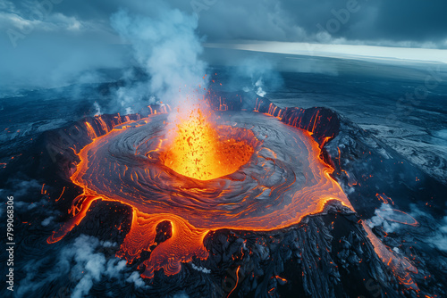 active volcano crater seen from above as lava erupts and molten metal and rock flows through the sides