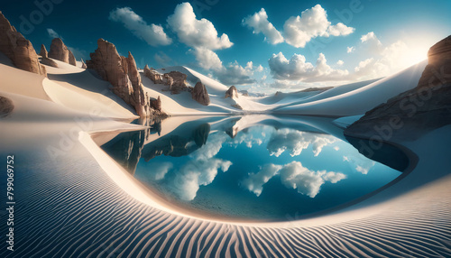 A surreal landscape where a pristine white sand desert meets a tranquil body of water. The sky is mostly clear with a few fluffy clouds