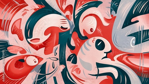 An abstract design with various strokes and swirls, in the style of light red and dark blue, vibrant cartoonish, playful shapes, colorful curves, sgrafitto, simplified forms and shapes