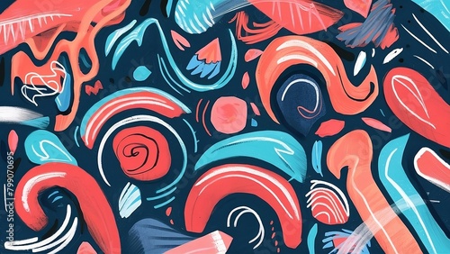 An abstract design with various strokes and swirls, in the style of light red and dark blue, vibrant cartoonish, playful shapes, colorful curves, sgrafitto, simplified forms and shapes