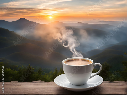 White Coffee cup on wooden with cough and nature background