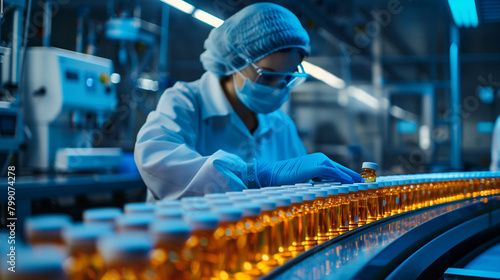 Female healthcare laboratory technician examining medical vial bottles on mass production factory conveyor belt in pharmaceutical medicine warehouse. PPE lab worker in protective goggles & white coat