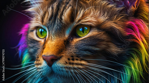 Rainbow colored neon maine coon cat. Amazing, beautiful, eye-catching and masterpiece