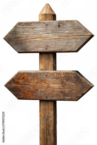 Old wooden road direction sign with arrow isolated on png transparent background