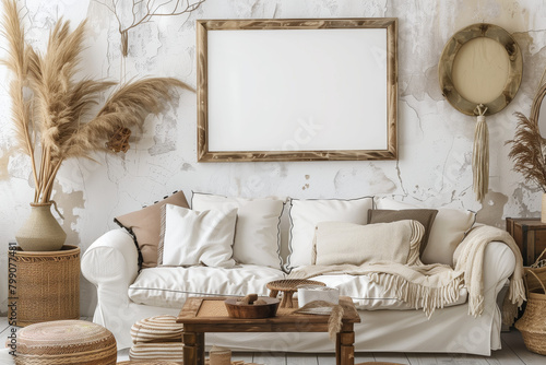 This cozy boho-inspired living space showcases a plush sofa adorned with neutral pillows, a textured throw, a rattan coffee table, and decorative pampas grass, all complemented by earth-toned wall art