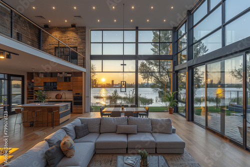 Modern living room with large windows and double height ceilings, sofa in front of the window overlooking pine forest near lake, modern house interior design. Created with Ai