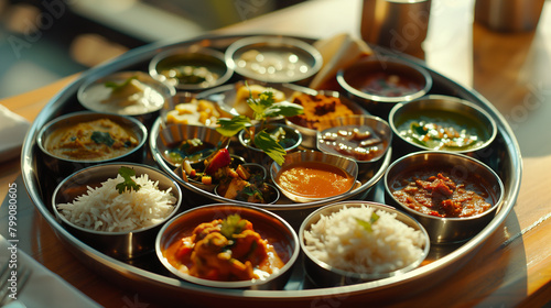Indian Thali Featuring a Selection of Curries, Rice, Roti, and Sweet Dessert, Traditional Platter