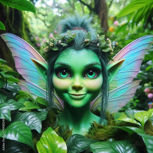Portrait illustration of a green pretty fairy in the forest
