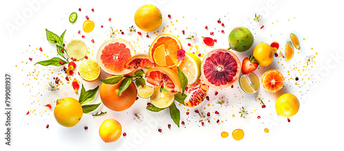 Citrus composition with appetizing fresh lemons, limes and grapefruits on white surface