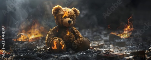 Scarred Teddy Bear Against Fiery Backdrop Symbolizing Lost Innocence of War Affected Children