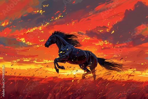 painting of a fire horse at sunset