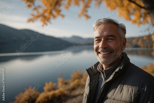 Älterer Mann lächelnd in idyllischer Herbstlandschaft mit See und Bergen im Hintergrund