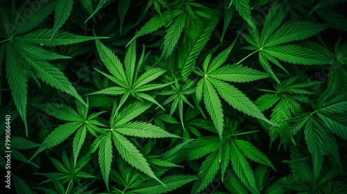 Amidst lush foliage, vibrant green cannabis leaves thrive, painting a verdant scene with their rich hues and lush, healthy appearance, flourishing abundantly. 
