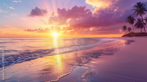 Beautiful sunrise or sunset over the tropical beach. AI generated image