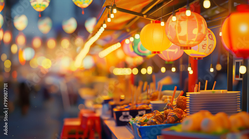 Colorful paper lanterns hanging above a bustling night market with various food stalls offering a taste of local cuisine, lively atmosphere