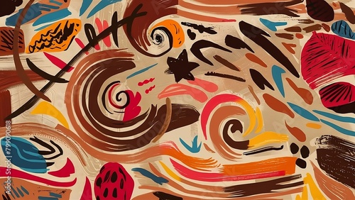An abstract design with various strokes and swirls, in the style of light brown and dark red, vibrant cartoonish, playful shapes, colorful curves, sgrafitto, simplified forms and shapes