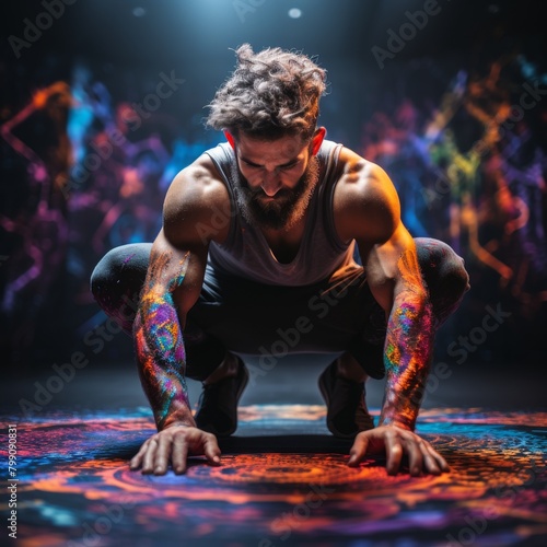Close-up of an MMA athlete doing core strengthening for back injury recovery, gym setting, high angle, focused determination and gym environment colors, Psychedelic funk art style