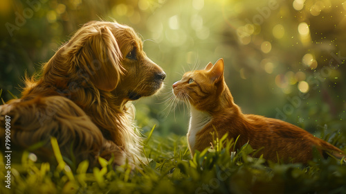 Golden retriever and ginger cat facing each other in sunlit grass. Generative AI