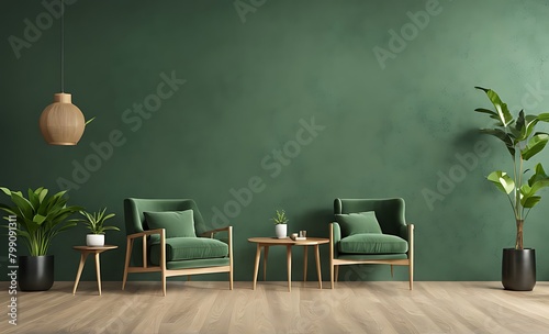  Modern wooden living room with an green armchair on empty dark green wall background, 3D rendering 