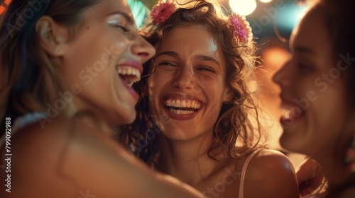 Happy people, portrait or phone selfie on party dance floor in nightclub event, bokeh disco or global celebration. Smile, bonding, or pals on mobile, social media, or profile photo