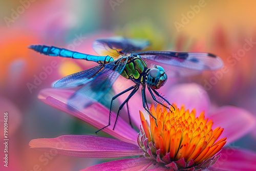 dragonfly on colorful flower petals, macro 