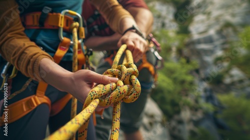 Rock climbing, fitness woman, and safety securing harness rope on mountain cliff for outdoor training, vacation, and adventure. Challenge, sports gear, and mountaineering carabiners