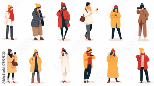 Photographing people in warm clothes flat vector il