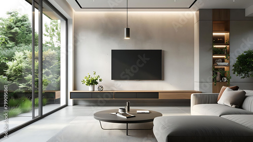 minimalist family room with floating media console featuring a black television, white walls and ce