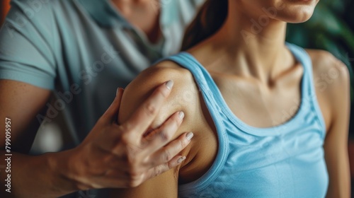 Female physiotherapist extending arm with coach for fitness or sports wellness. Personal trainers and orthopedic physiotherapists assist patients recuperate.