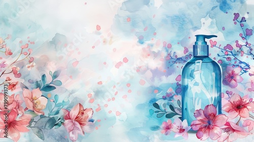 Watercolor illustration of shampoo bottle with dreamy floral