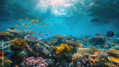 A vibrant coral reef underwater scene bustling with marine life 