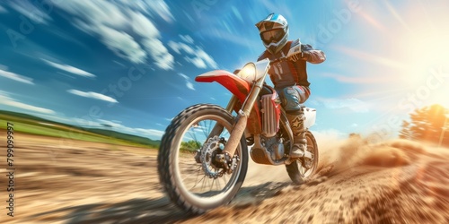 Motorcycle, motorsports, and speed on dunes with power, sky mockup, and offroad way. Fast action, freedom, or rally performance on dirt track, sand, and adventure course with driver, motorcycle.
