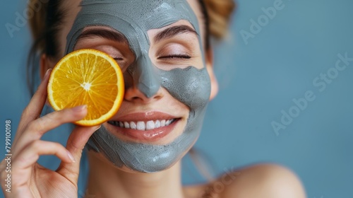 Skincare or dermatological closeup, woman and orange face mask on blue studio background. Zoom, woman or model with citrus fruit, vitamin C, luxury clay, or self-care.