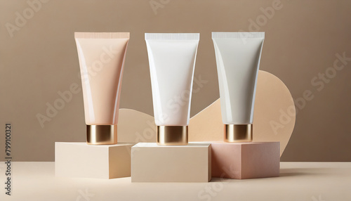 Three tubes tonal foundation makeup mock up on podiums. BB or CC face cream container