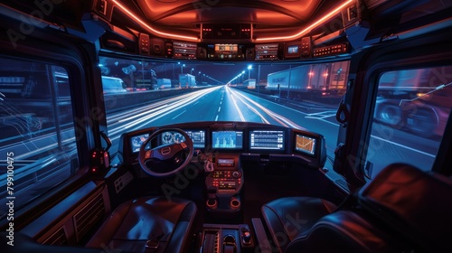 A view inside a long haul trucks cabin, equipped with logistics tech